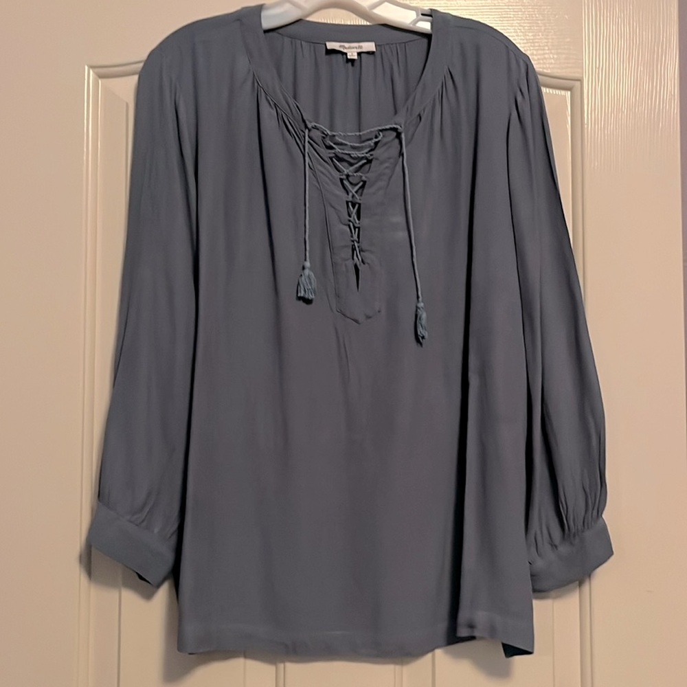 Madewell steel blue tunic top with lace up placket, size S